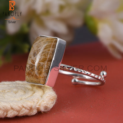 Fossil Coral 925 Sterling Silver Beguette Shape Ring