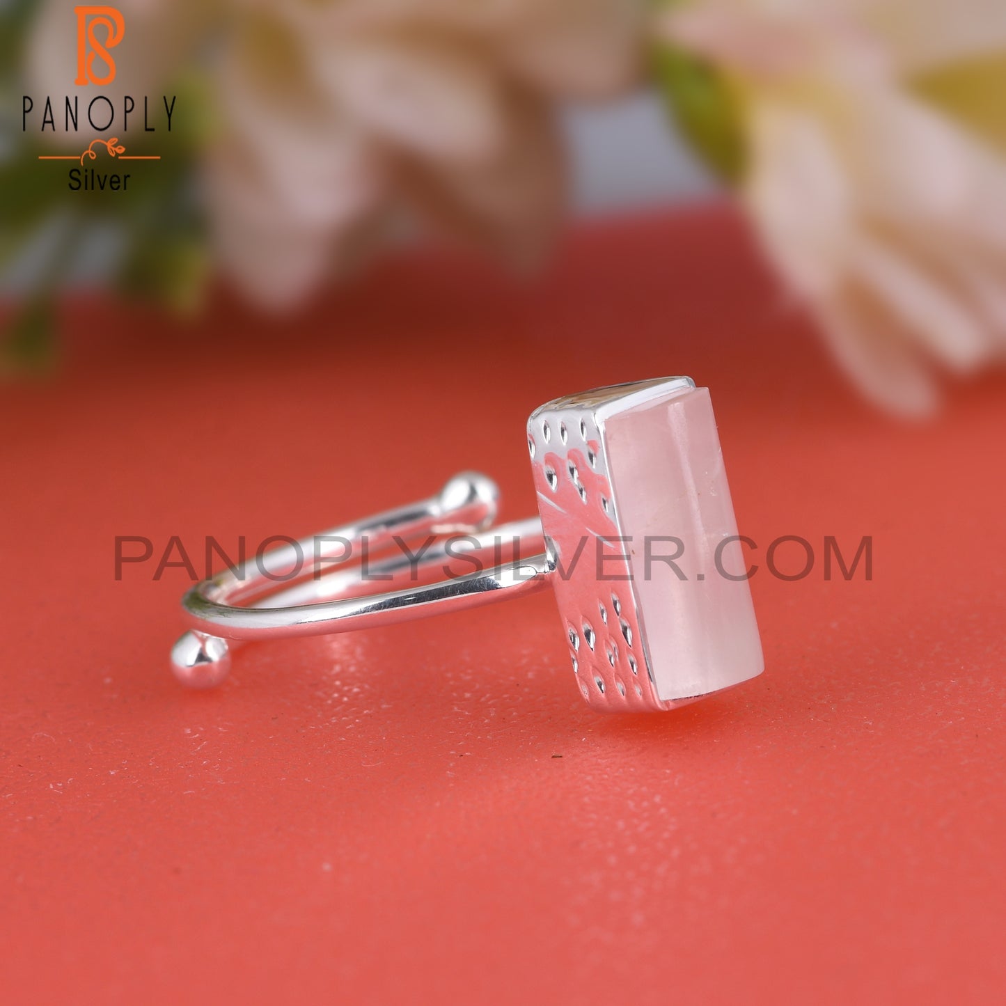 Rose Quartz Half Barrel 925 Sterling Silver Adjustable Ring