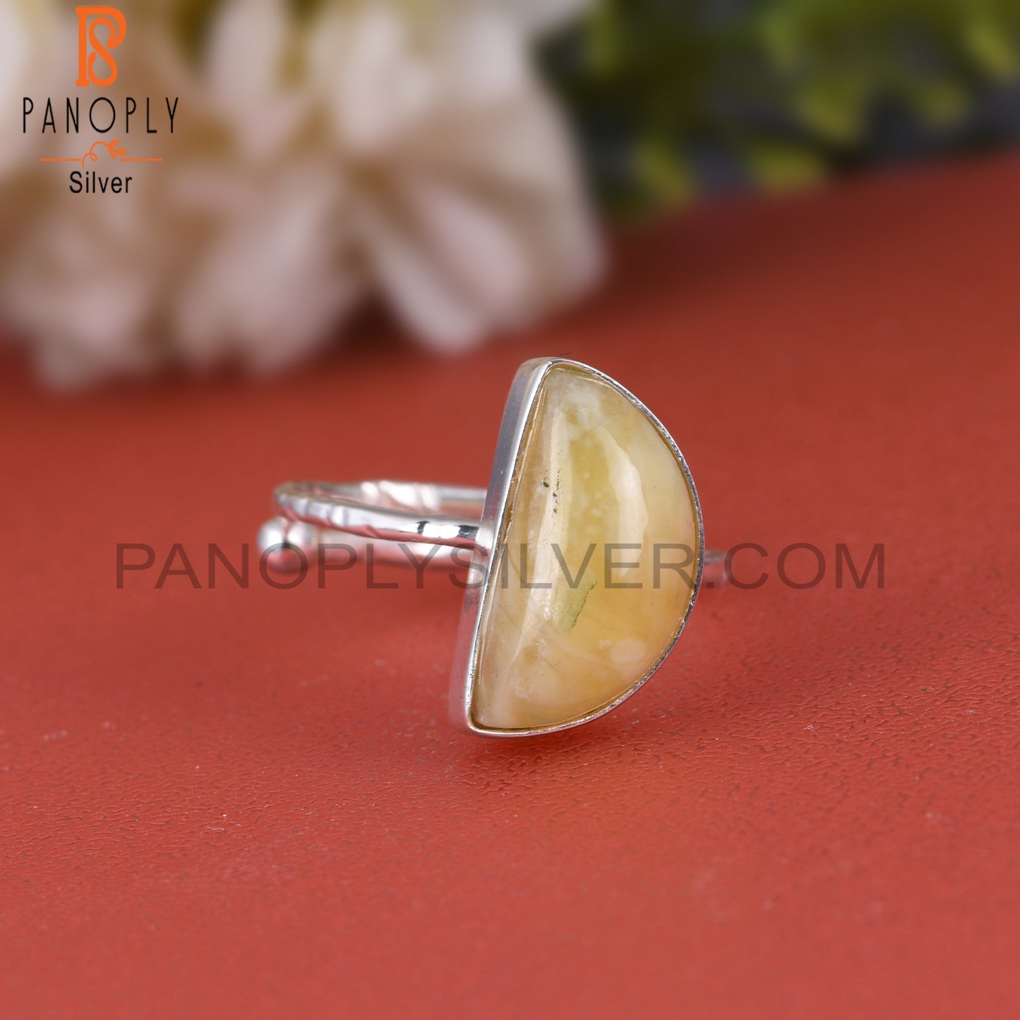Yellow Opal D Shape 925 Sterling Silver Moon Ring
