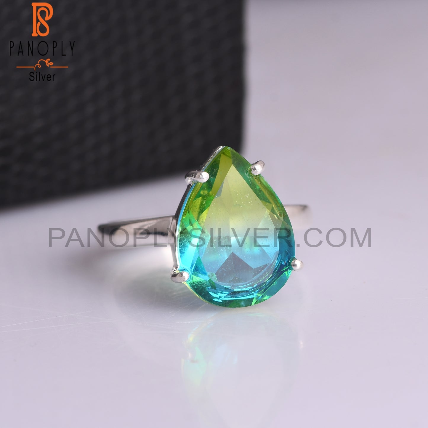 Bio Chrome Diopside Doublet Quartz Pear 925 Silver Ring