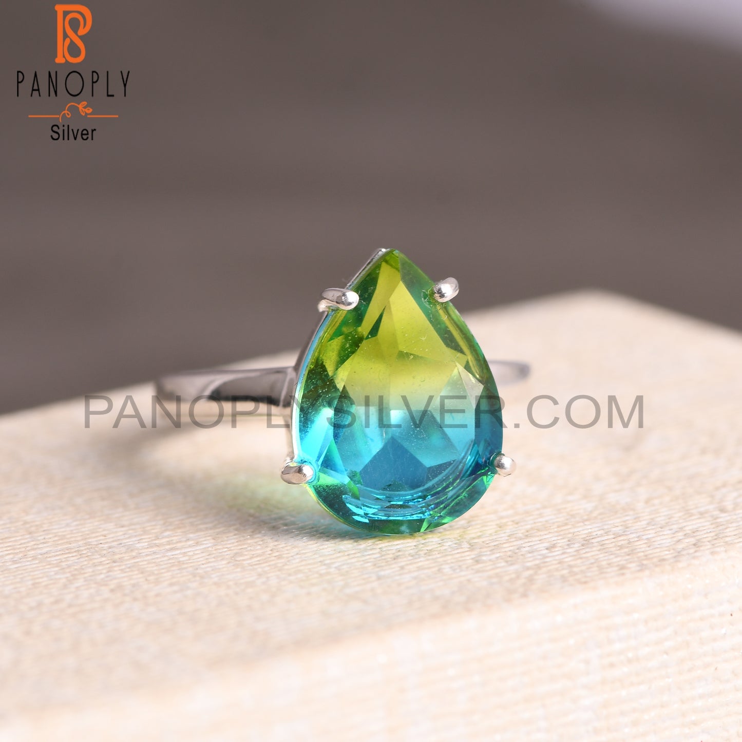 Bio Chrome Diopside Doublet Quartz Pear 925 Silver Ring