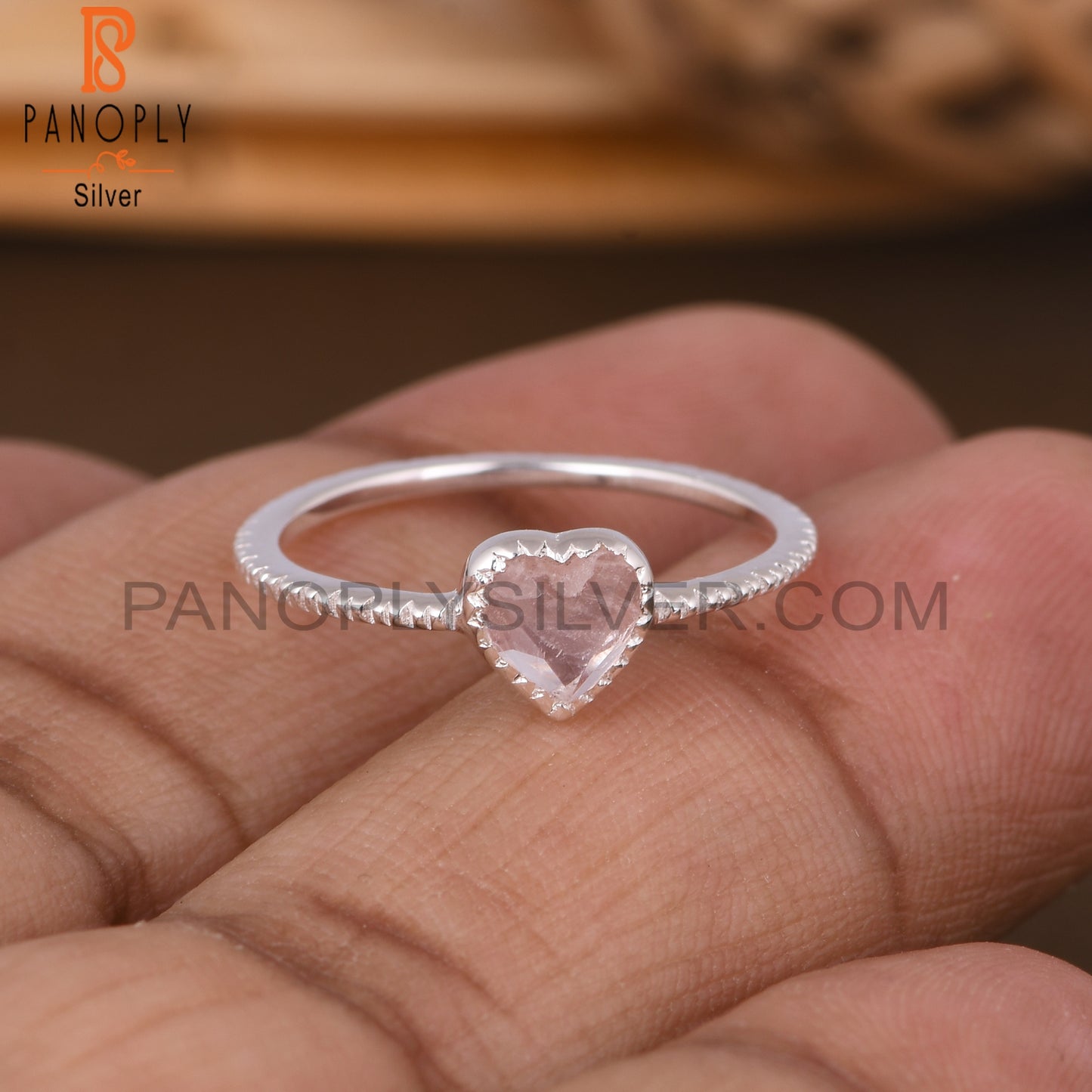 Rose Quartz Heart Shape 925 Sterling Silver Ring