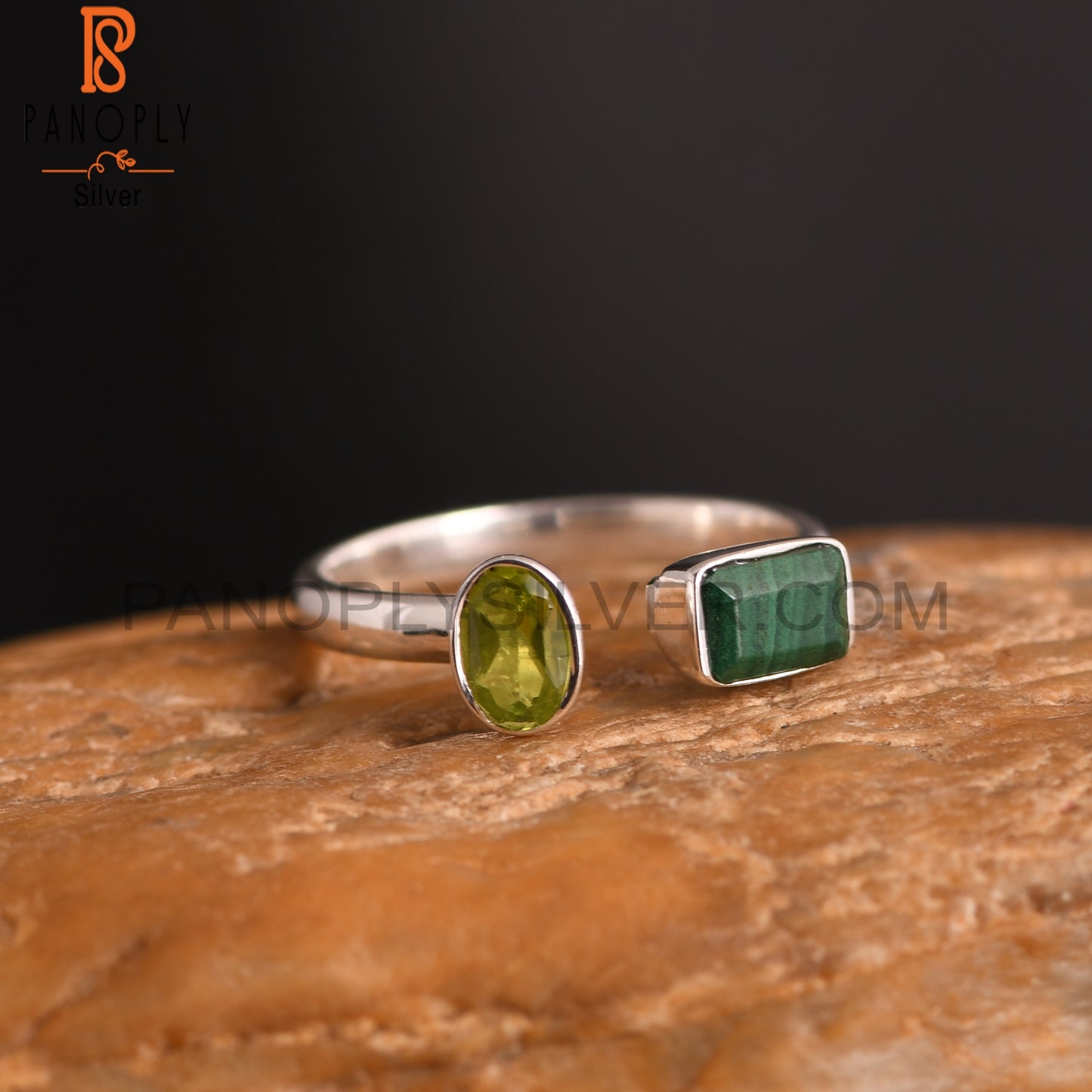 Peridot & Malachite 925 Sterling Silver Ring