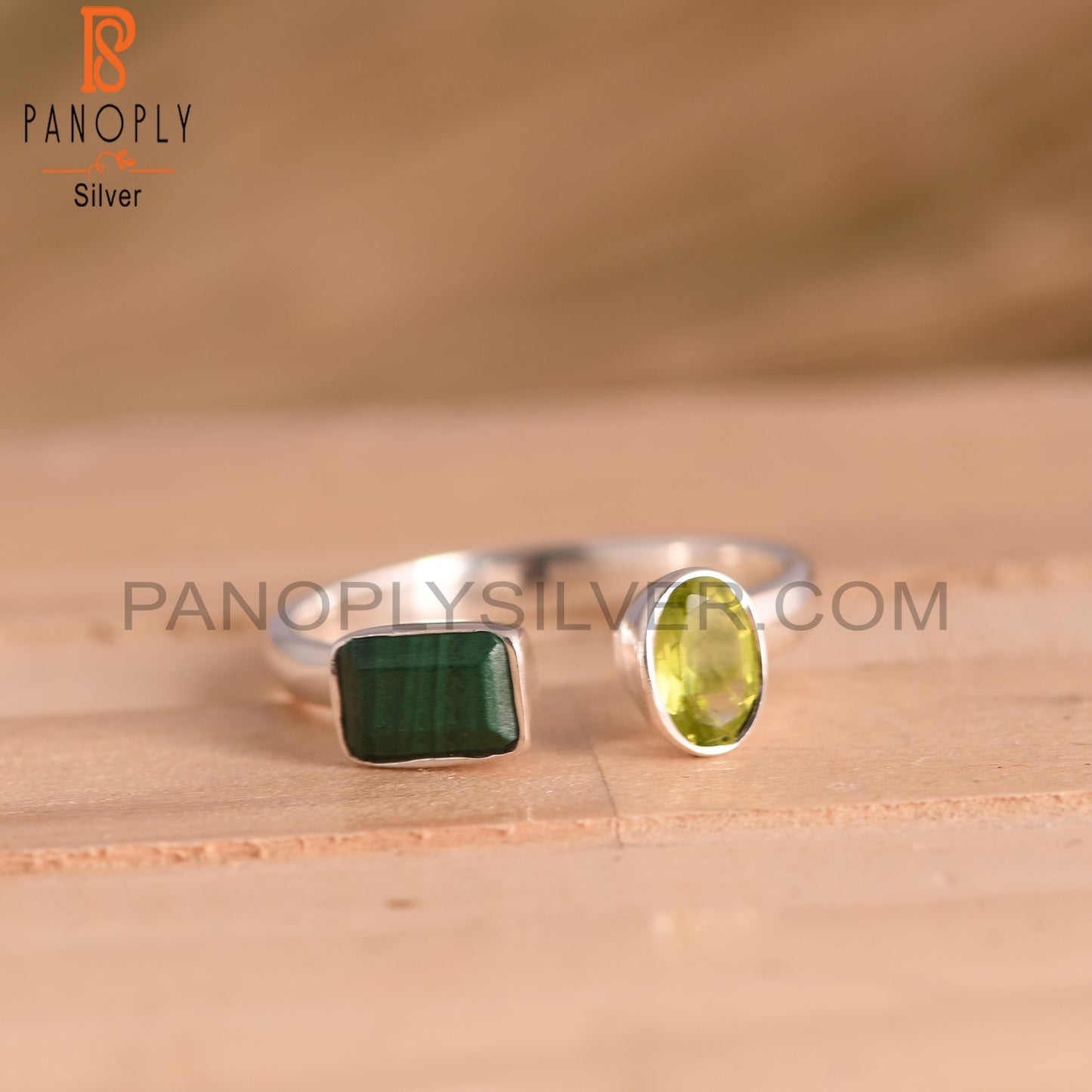 Peridot & Malachite 925 Sterling Silver Ring