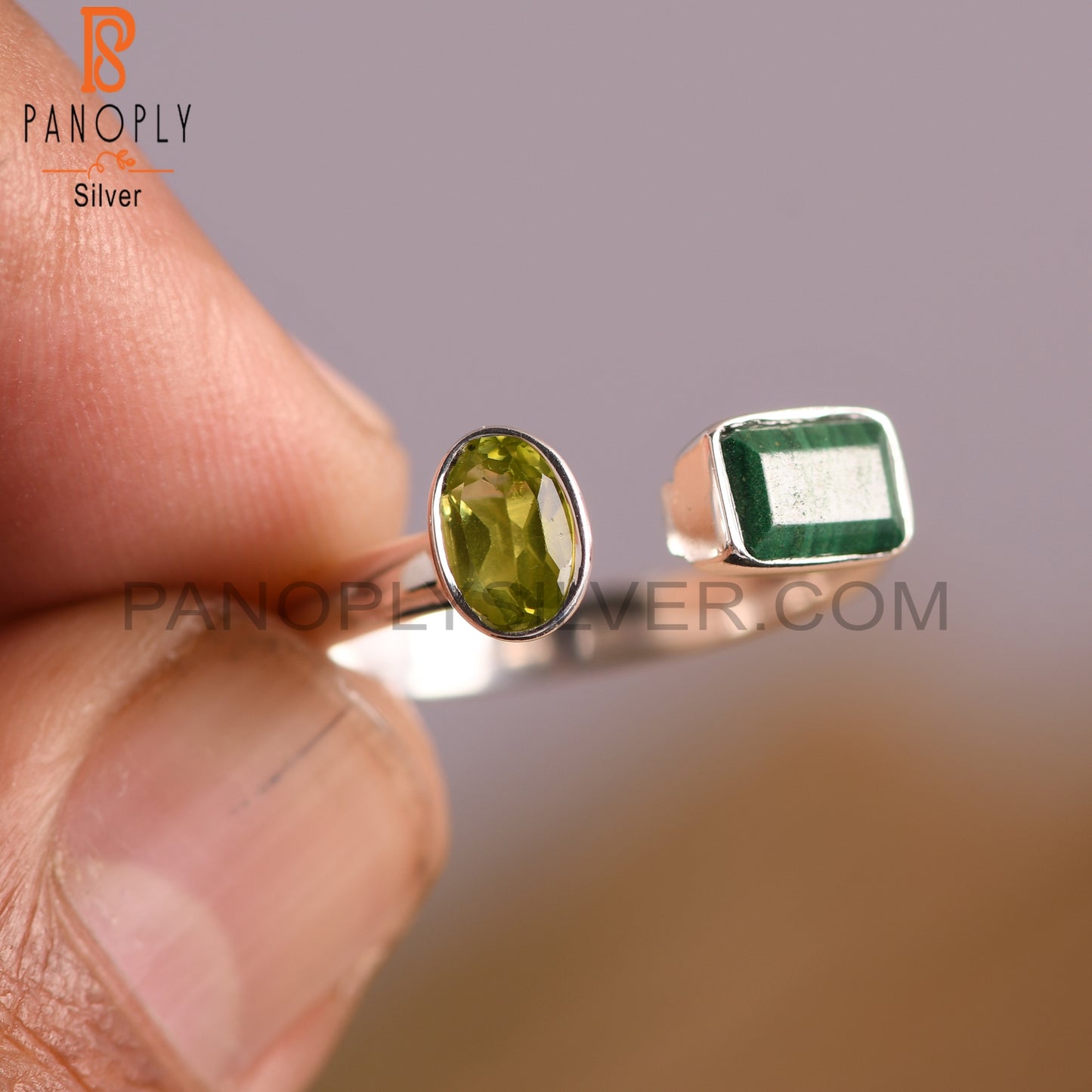 Peridot & Malachite 925 Sterling Silver Ring