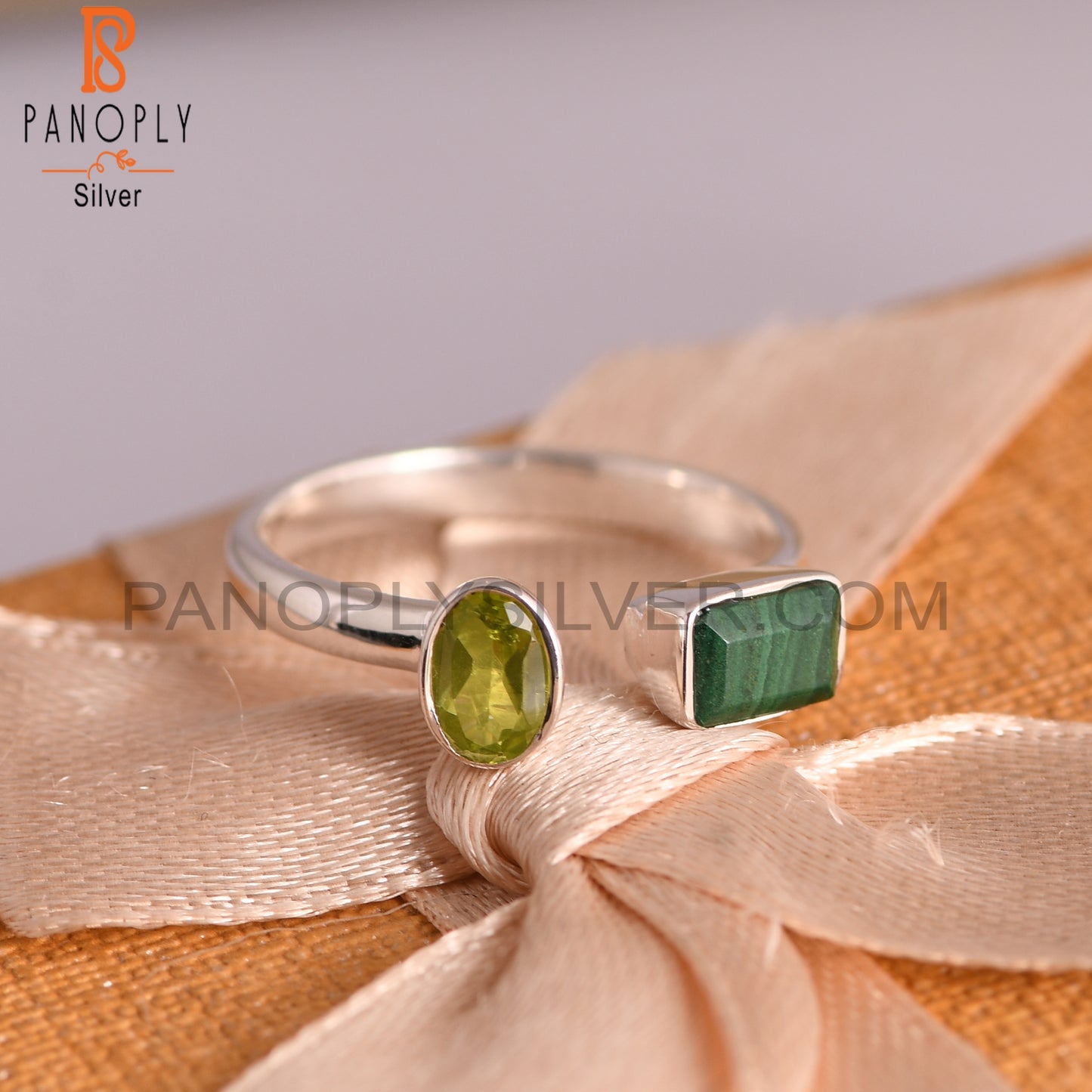 Peridot & Malachite 925 Sterling Silver Ring