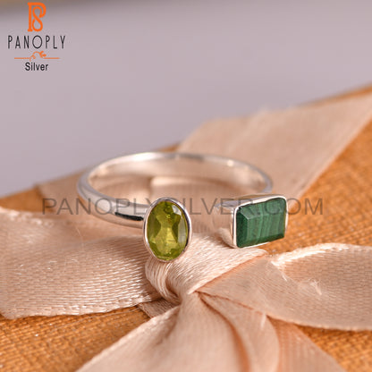 Peridot & Malachite 925 Sterling Silver Ring