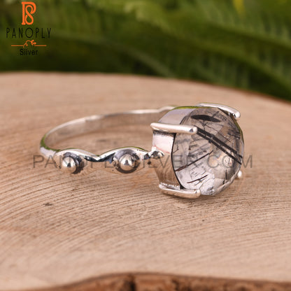 Black Rutile Round 925 Sterling Silver Ring Gift For Her