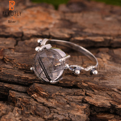 Black Rutile Round 925 Sterling Silver Ring Gift For Her