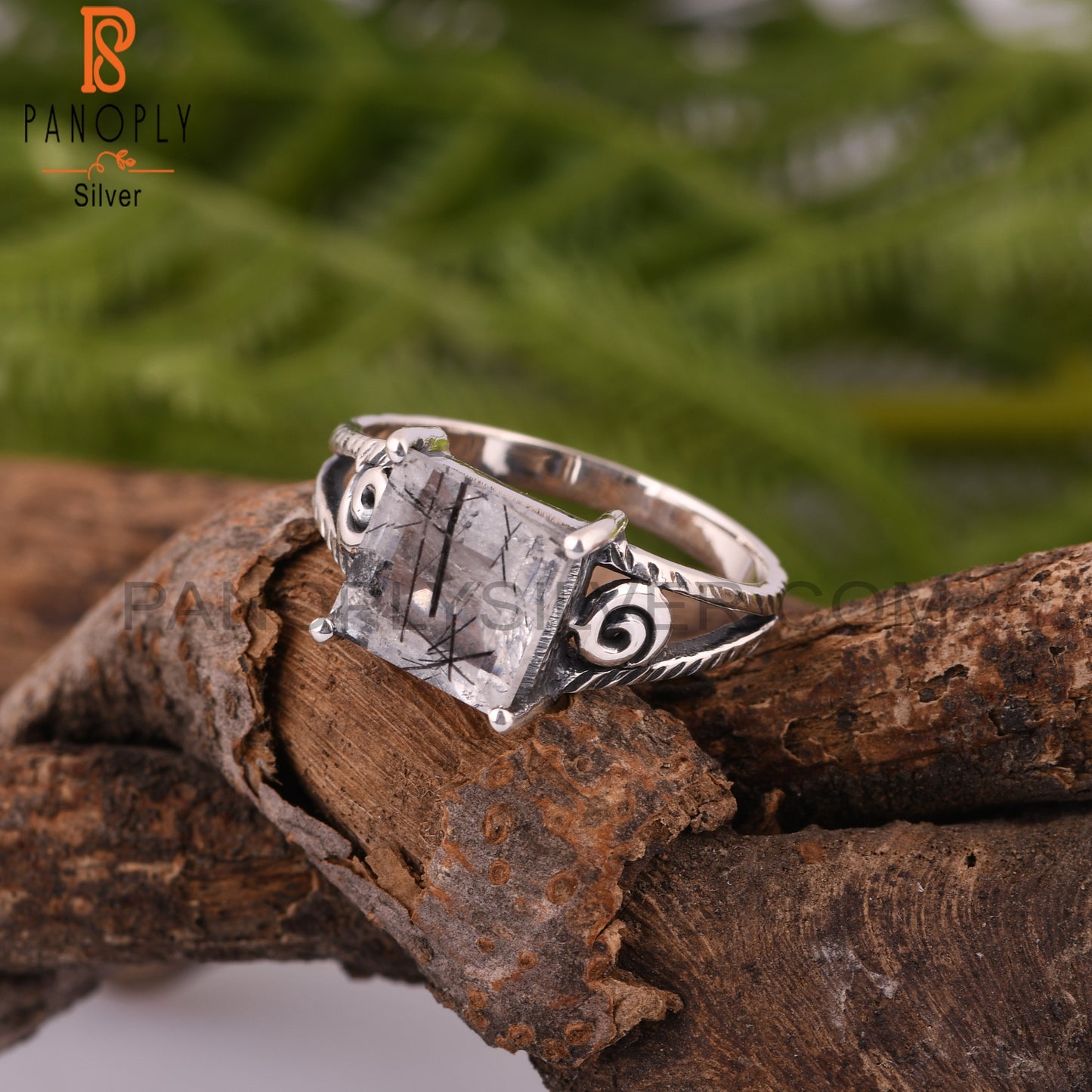 Black Rutile Square 925 Sterling Silver Ring For Father