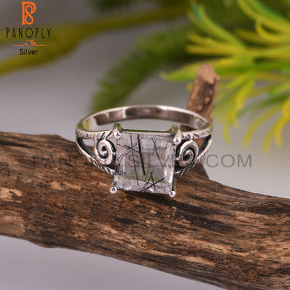 Black Rutile Square 925 Sterling Silver Ring For Father