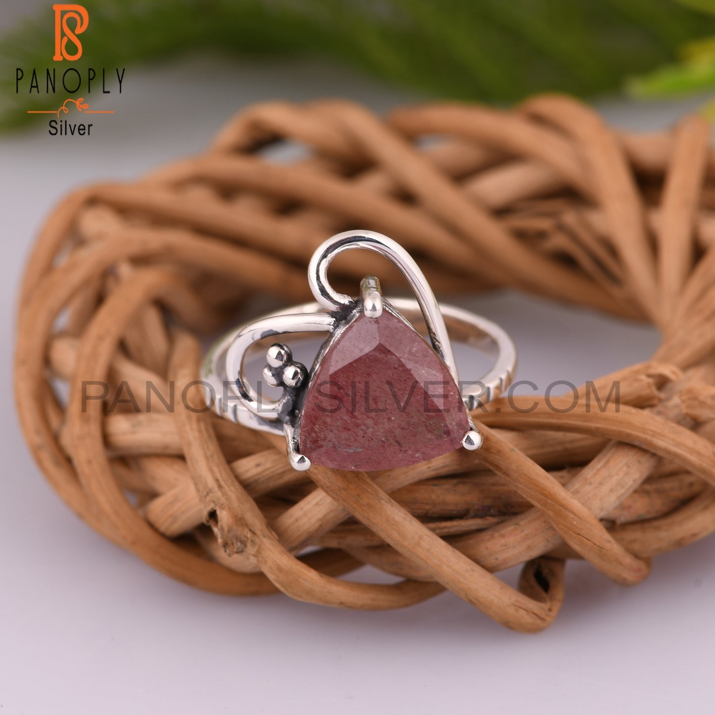 925 Sterling Silver Strawberry Quartz Trillion Ring