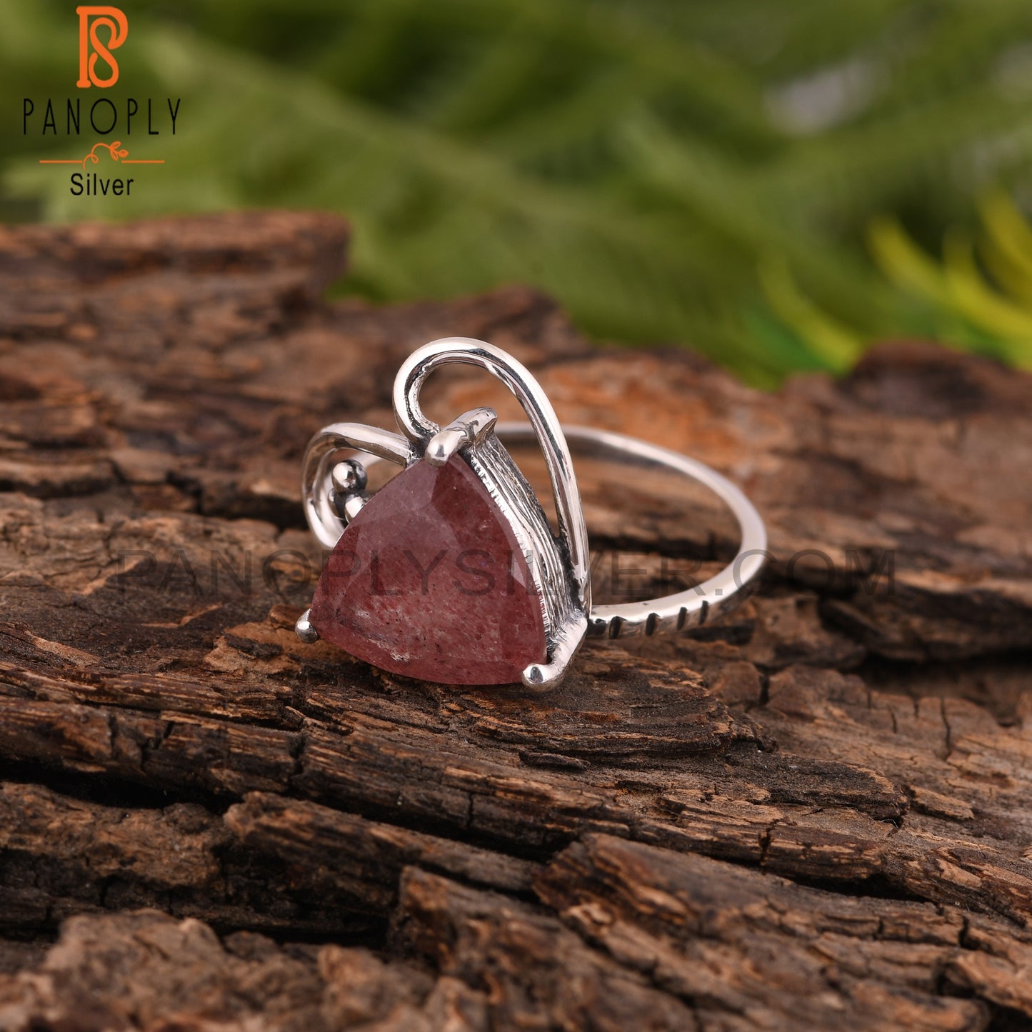 925 Sterling Silver Strawberry Quartz Trillion Ring