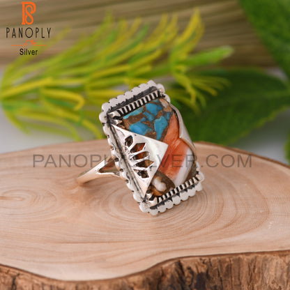 Mojave Copper Oyster Turquoise Baguette 925 Silver Ring