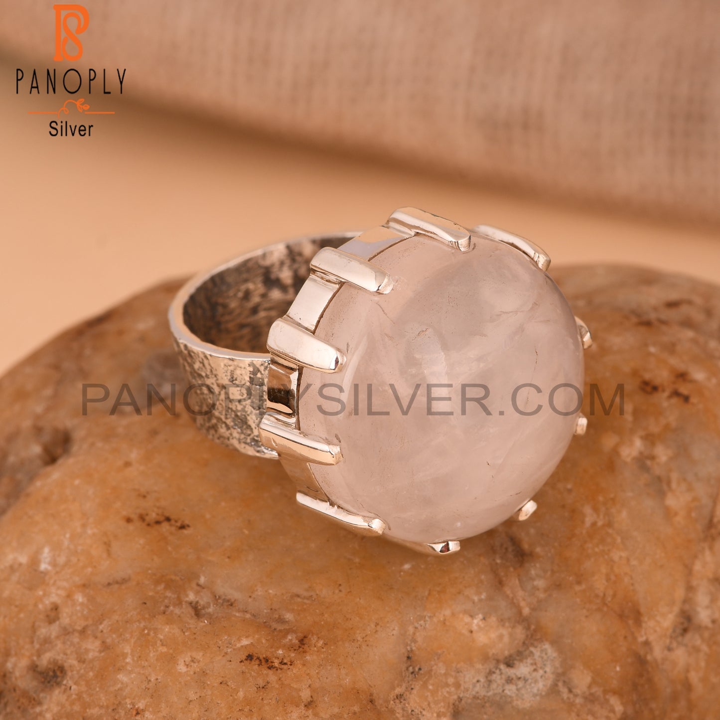 Cabochon Rose Quartz 925 Sterling Silver Ring