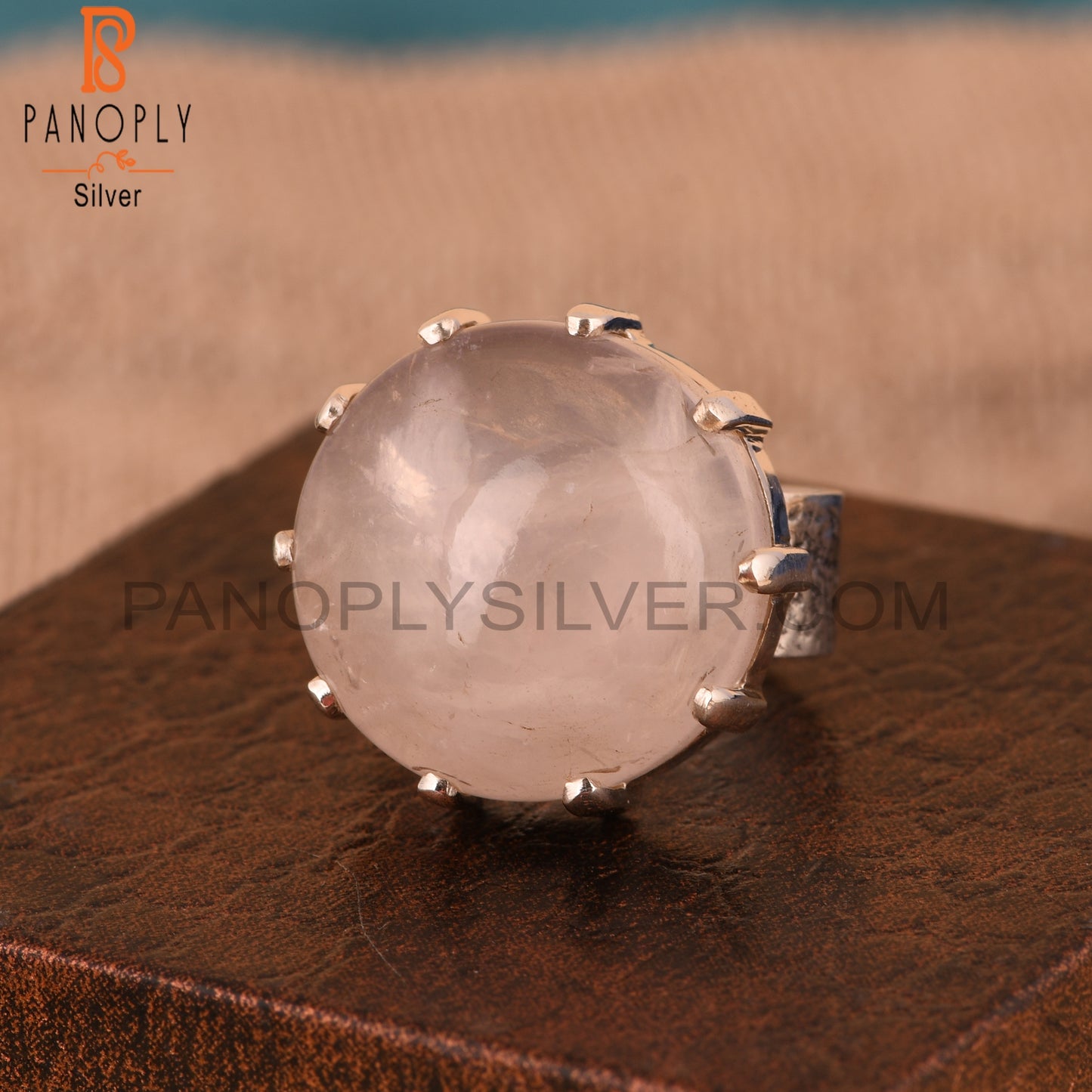Cabochon Rose Quartz 925 Sterling Silver Ring