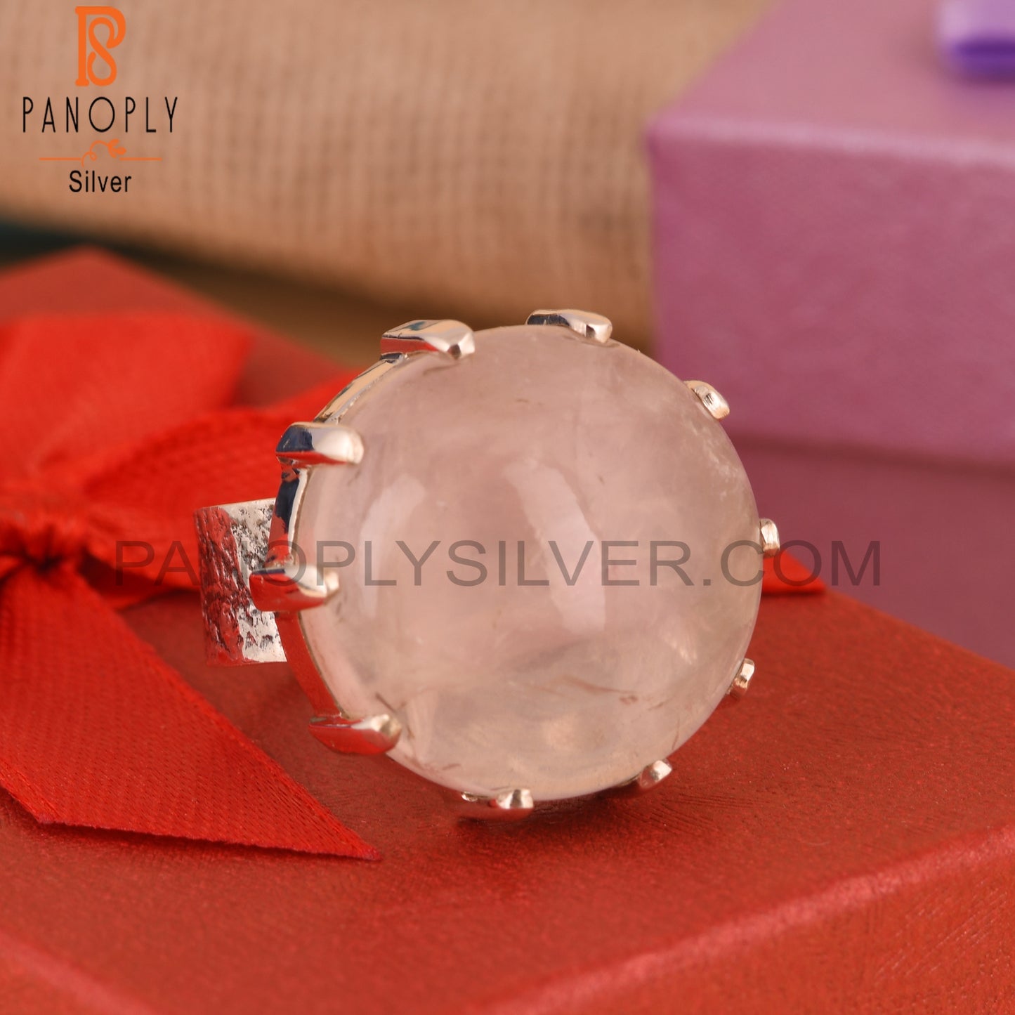 Cabochon Rose Quartz 925 Sterling Silver Ring