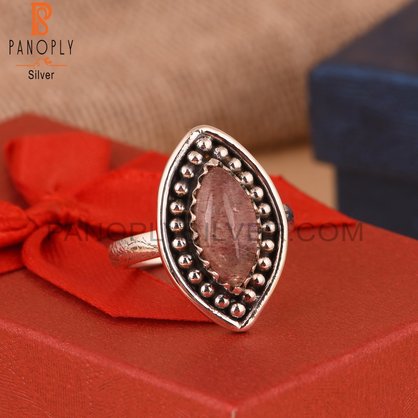 Marquise Strawberry Quartz 925 Silver Ring