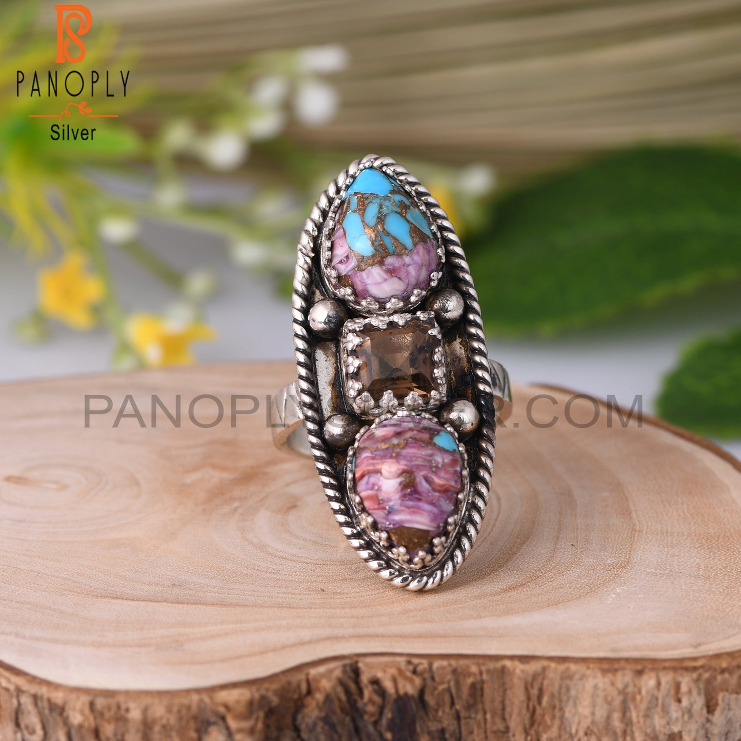 Smoky & Mojave Copper Purple Oyster Turquoise 925 Silver Ring