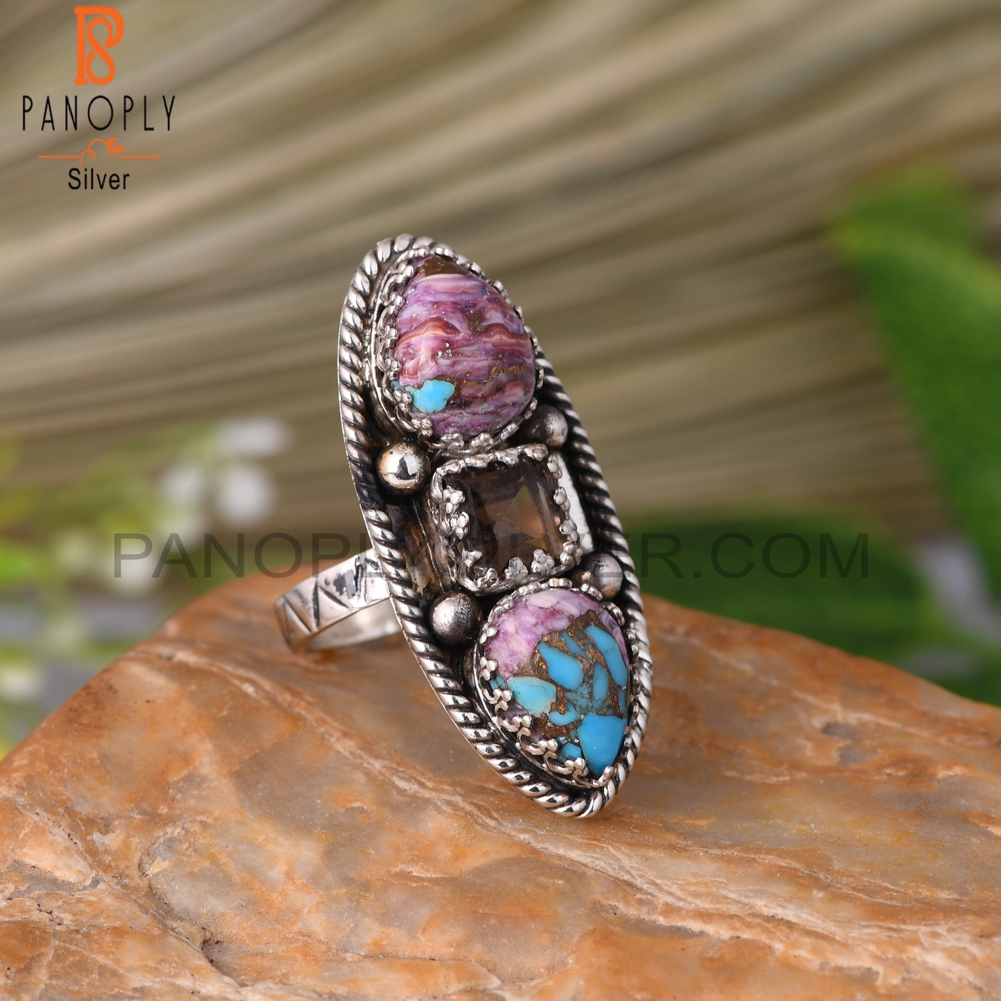 Smoky & Mojave Copper Purple Oyster Turquoise 925 Silver Ring