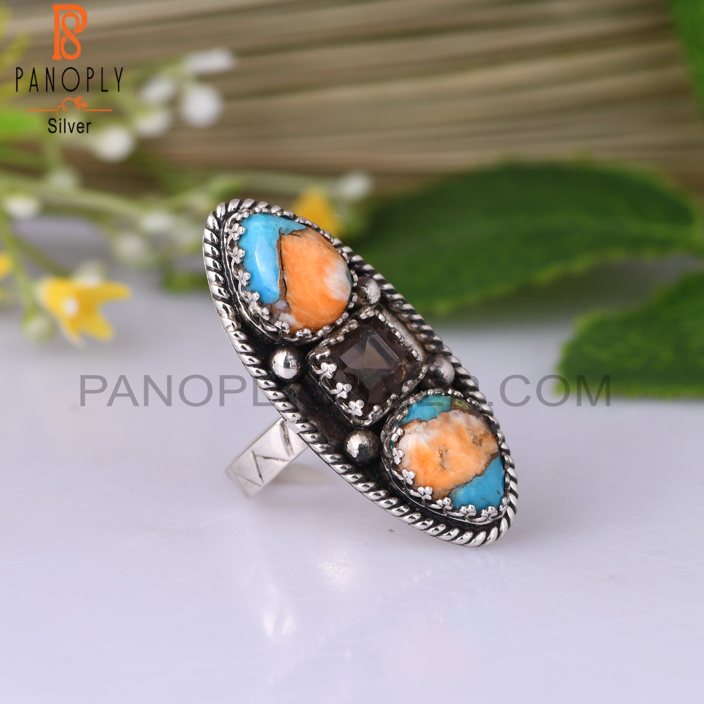 Smoky & Mojave Copper Oyster Turquoise 925 Silver Ring