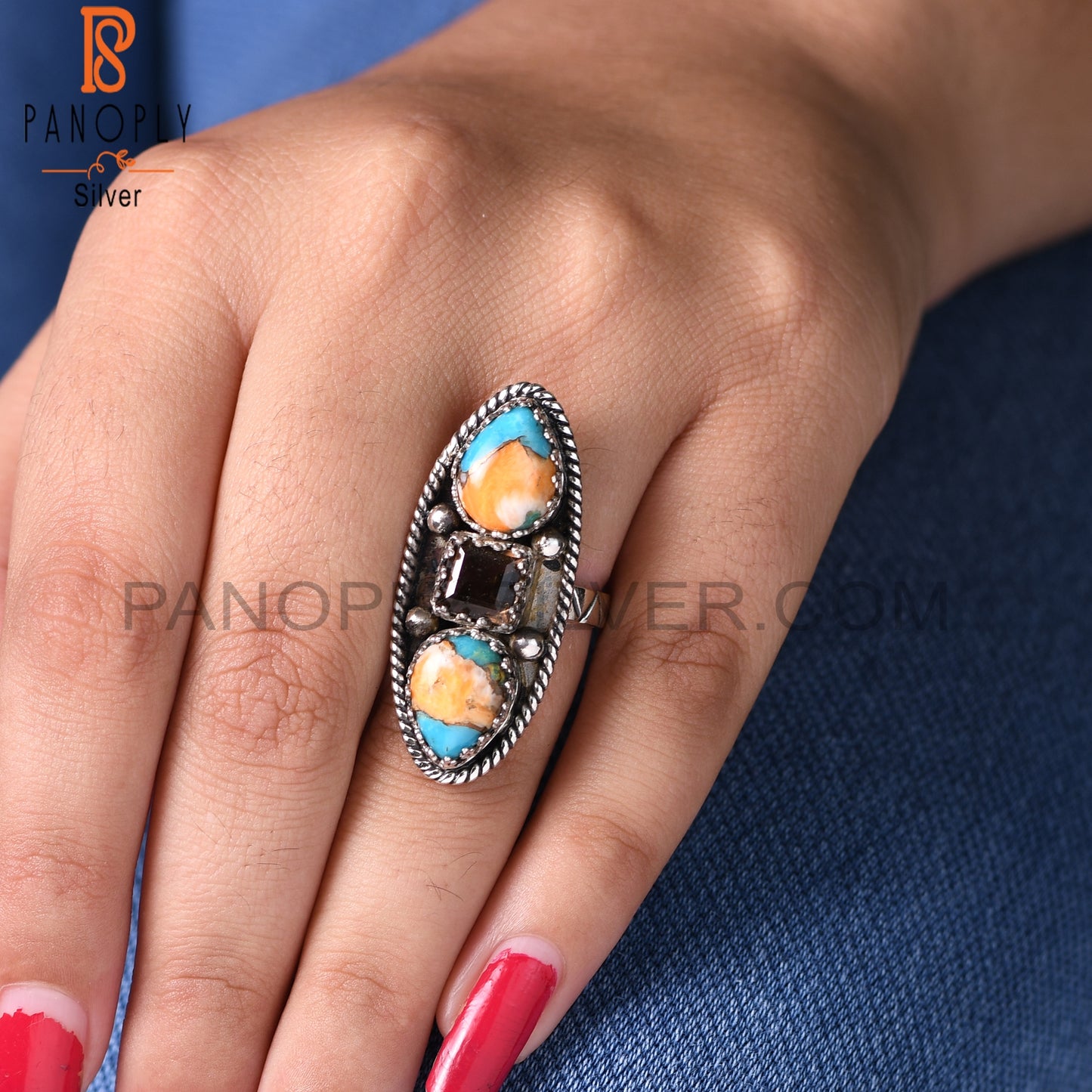 Smoky & Mojave Copper Oyster Turquoise 925 Silver Ring