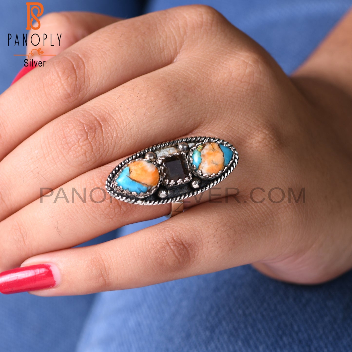 Smoky & Mojave Copper Oyster Turquoise 925 Silver Ring