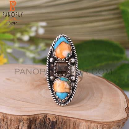 Smoky & Mojave Copper Oyster Turquoise 925 Silver Ring