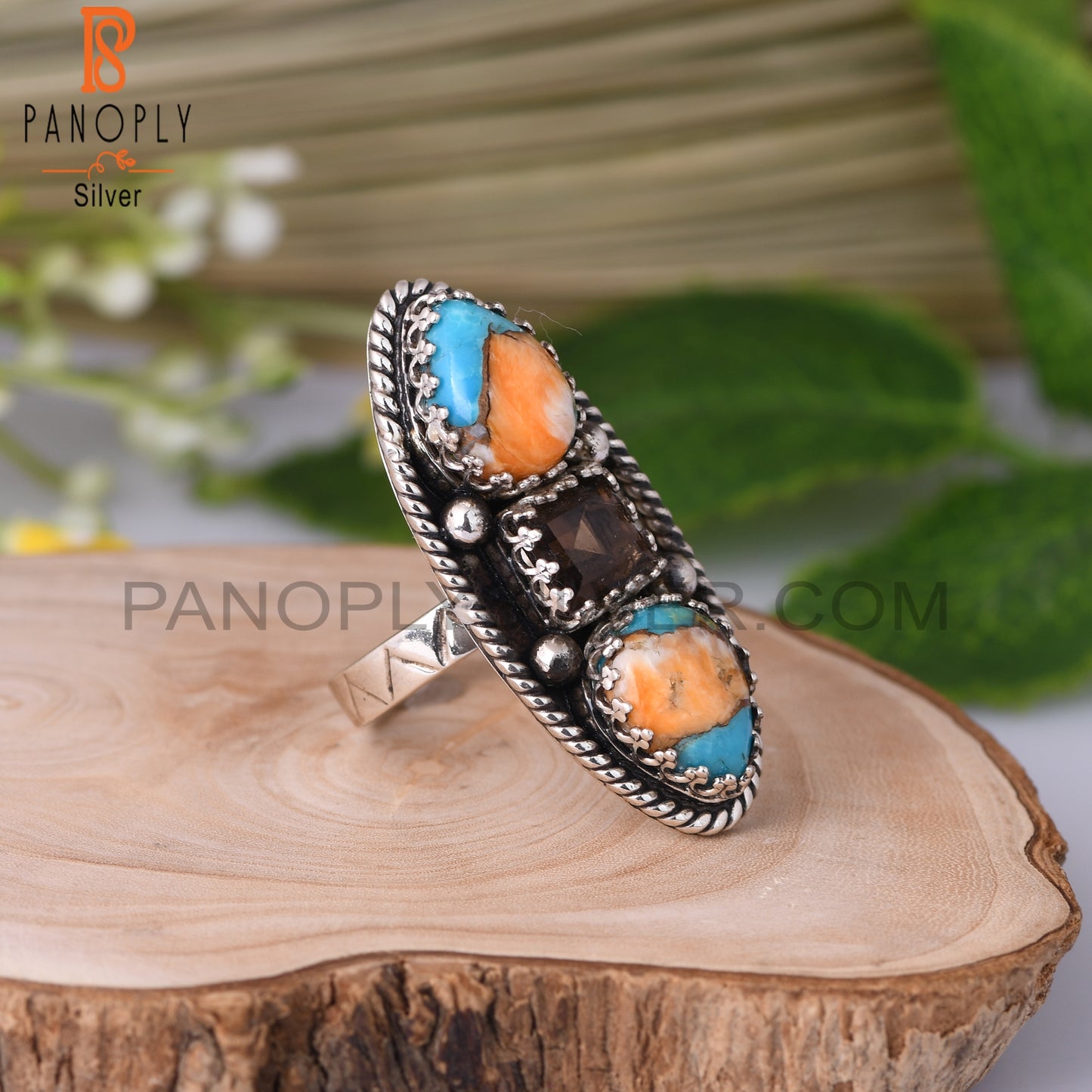 Smoky & Mojave Copper Oyster Turquoise 925 Silver Ring