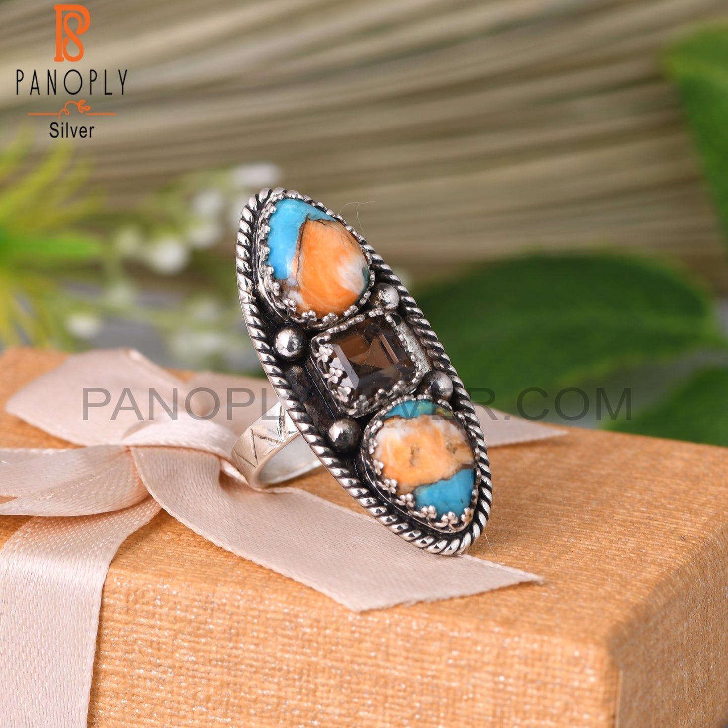 Smoky & Mojave Copper Oyster Turquoise 925 Silver Ring