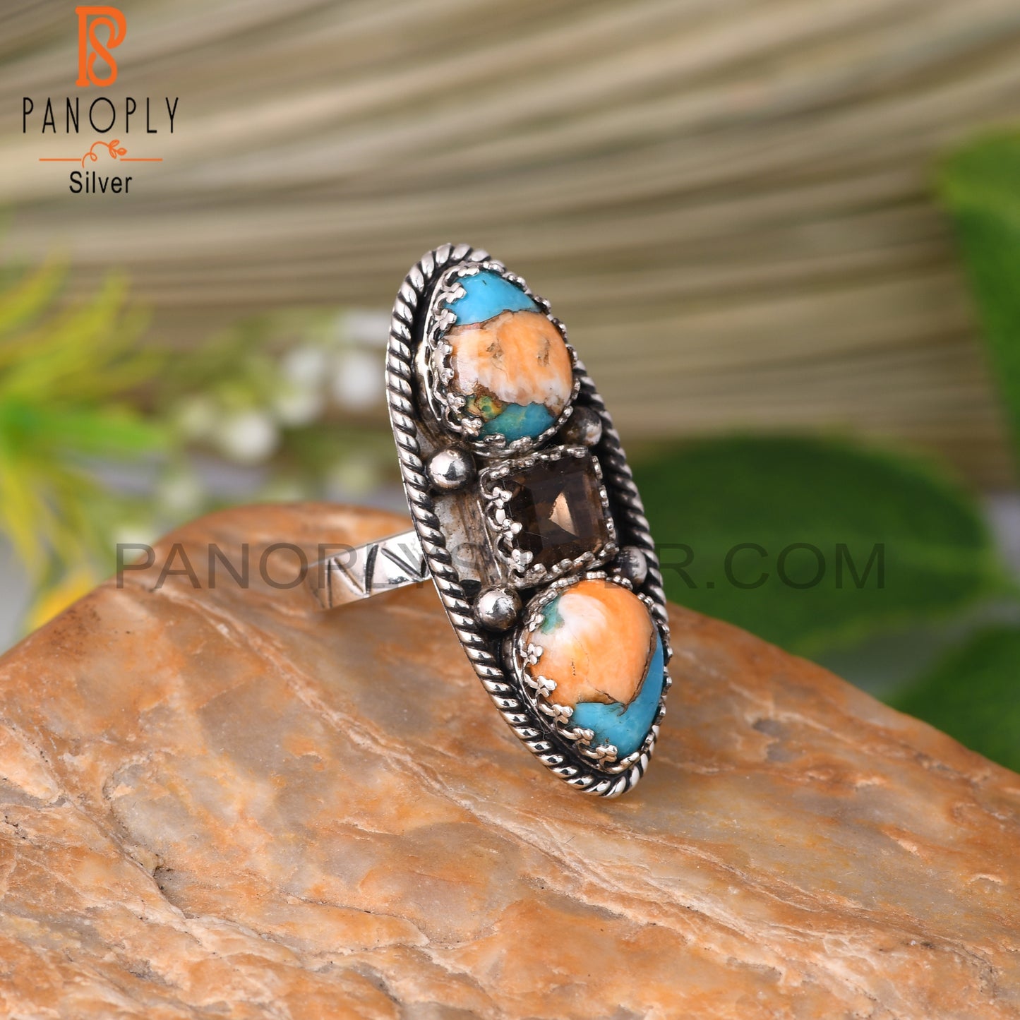 Smoky & Mojave Copper Oyster Turquoise 925 Silver Ring