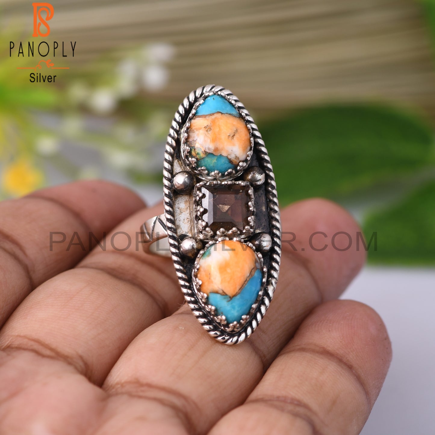 Smoky & Mojave Copper Oyster Turquoise 925 Silver Ring