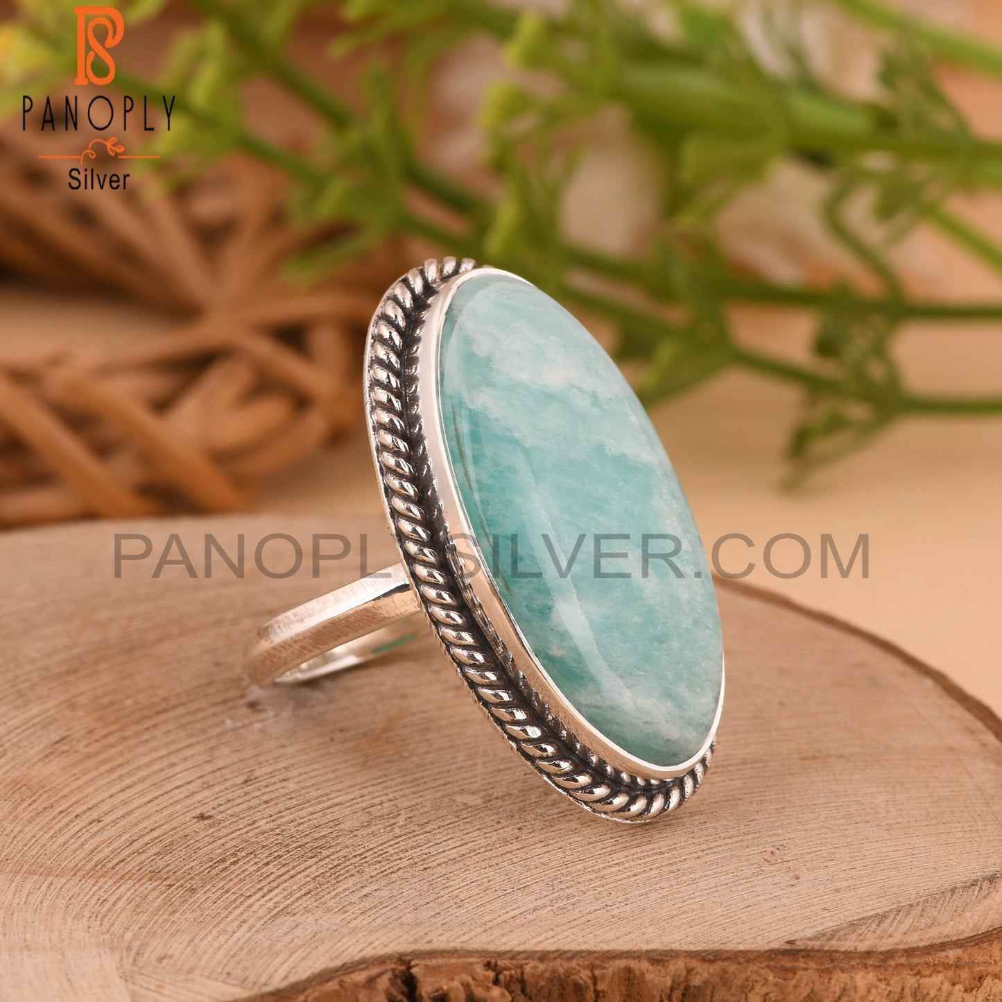 Amazonite Oval 925 Stamp Silver Ring for Grandmother