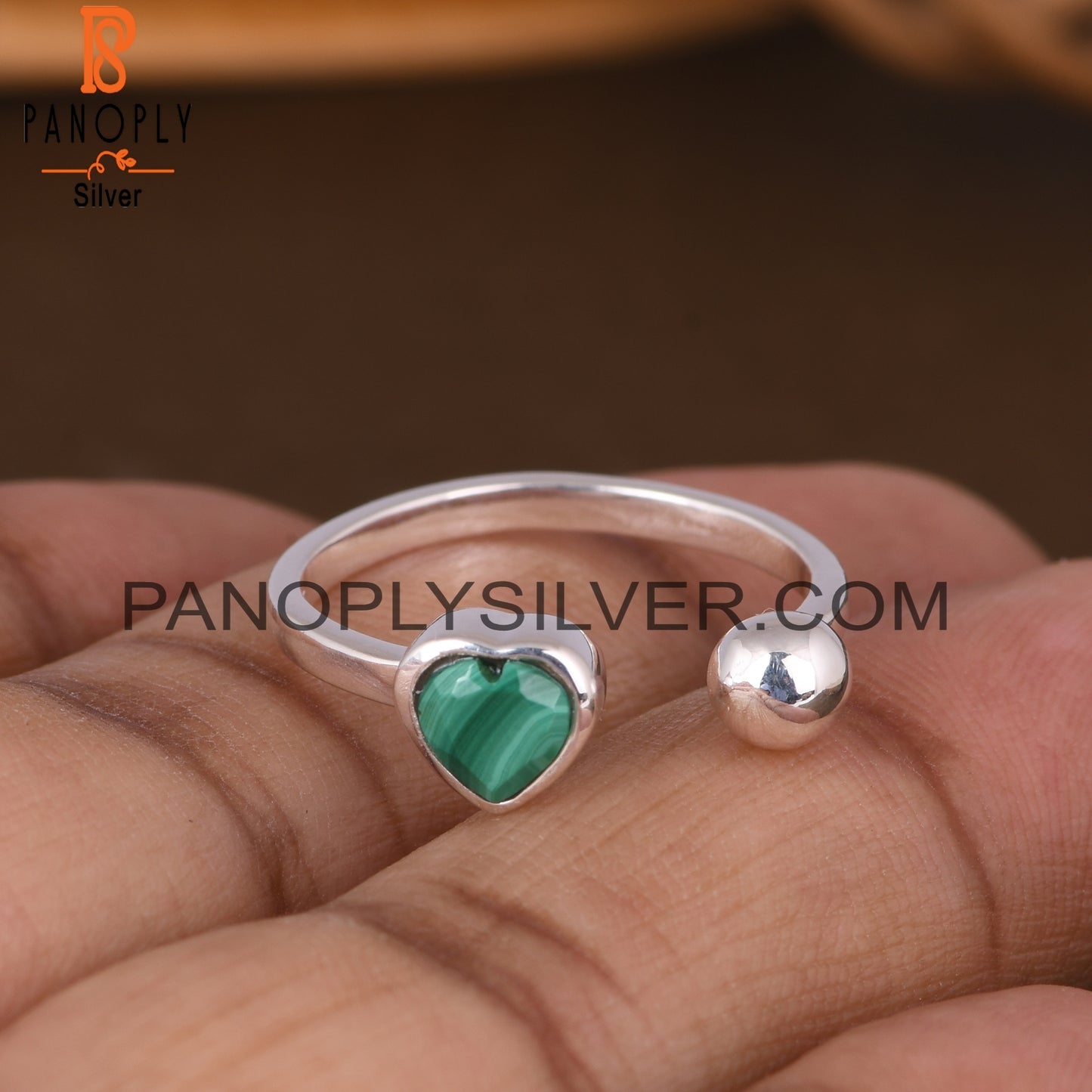 Malachite Heart Adjustable 925 Sterling Silver Ring