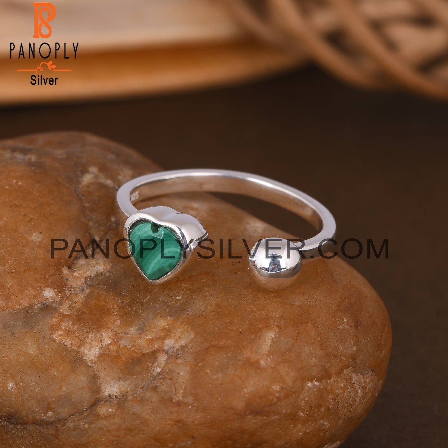 Malachite Heart Adjustable 925 Sterling Silver Ring