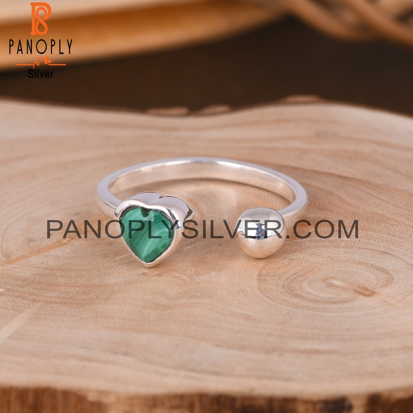 Malachite Heart Adjustable 925 Sterling Silver Ring