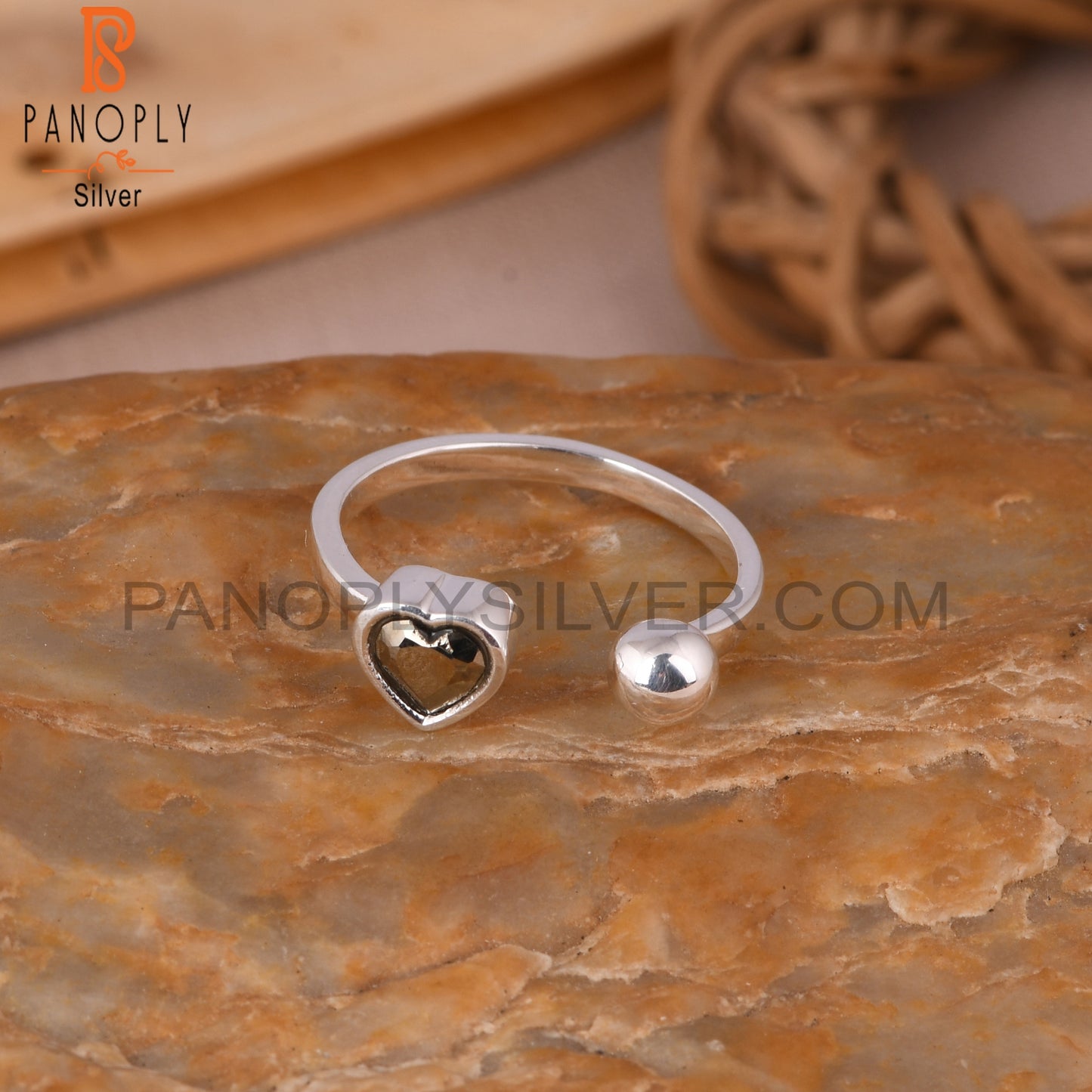 Pyrite Heart 925 Sterling Silver Ring