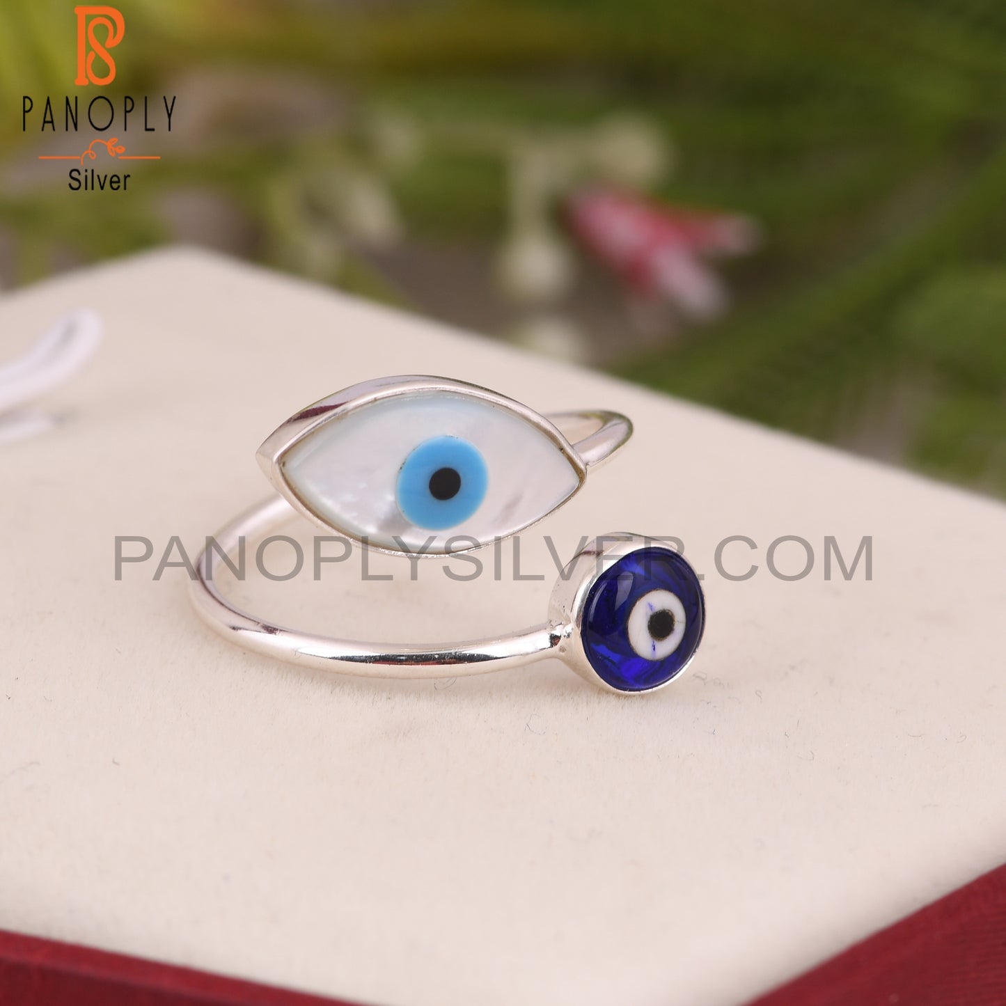 Mother of Pearl, Blue Resin Evil Eye 925 Sterling Silver Ring