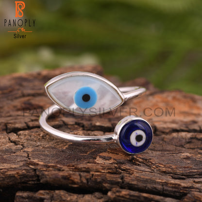 Mother of Pearl, Blue Resin Evil Eye 925 Sterling Silver Ring