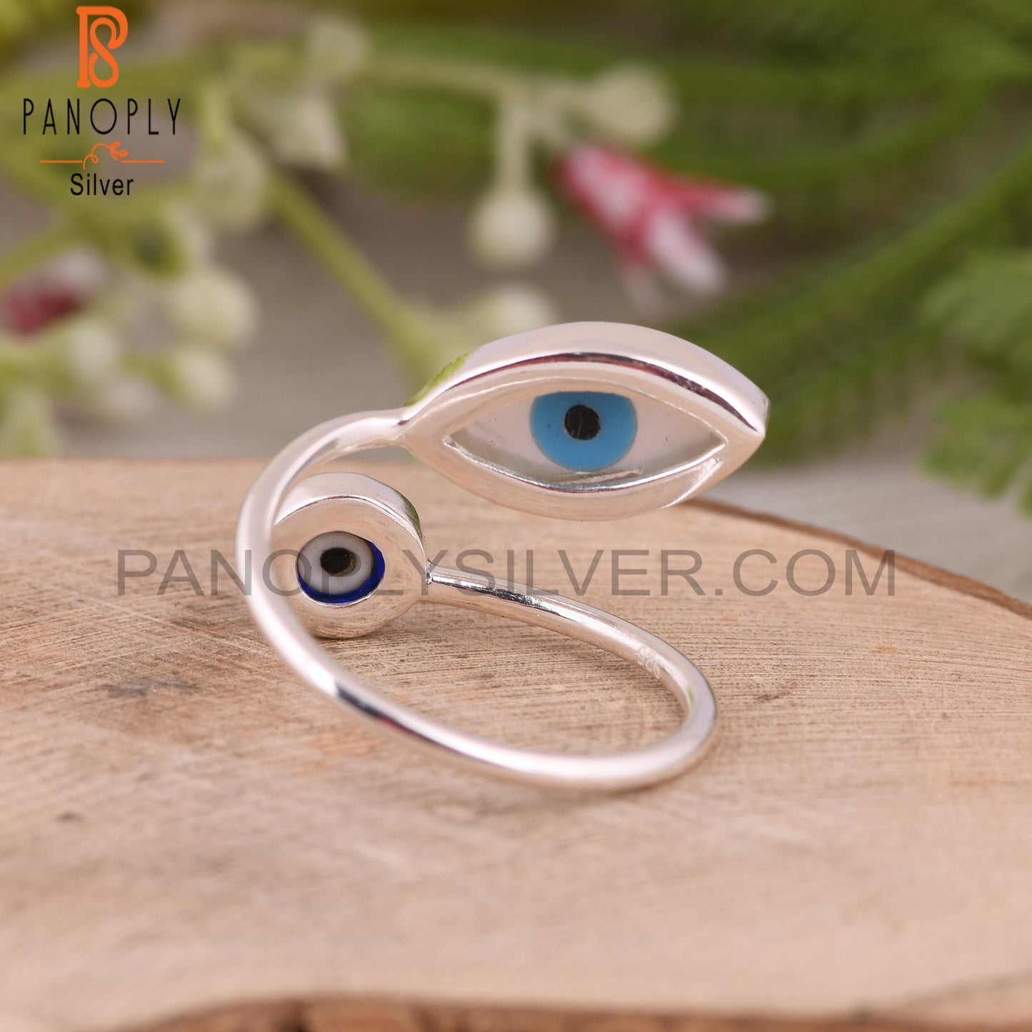 Mother of Pearl, Blue Resin Evil Eye 925 Sterling Silver Ring