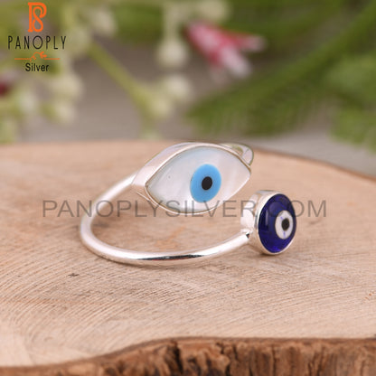 Mother of Pearl, Blue Resin Evil Eye 925 Sterling Silver Ring