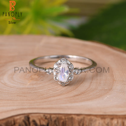 White Topaz, Rainbow Moonstone 925 Sterling Silver Ring