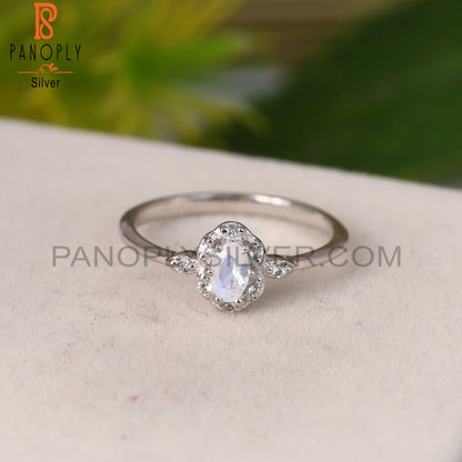 White Topaz, Rainbow Moonstone 925 Sterling Silver Ring