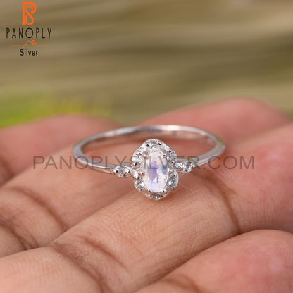 White Topaz, Rainbow Moonstone 925 Sterling Silver Ring