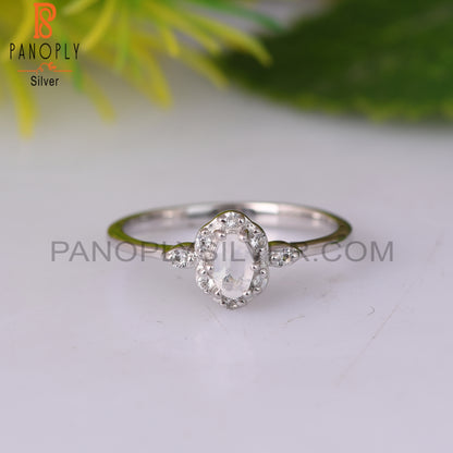 White Topaz, Rainbow Moonstone 925 Sterling Silver Ring