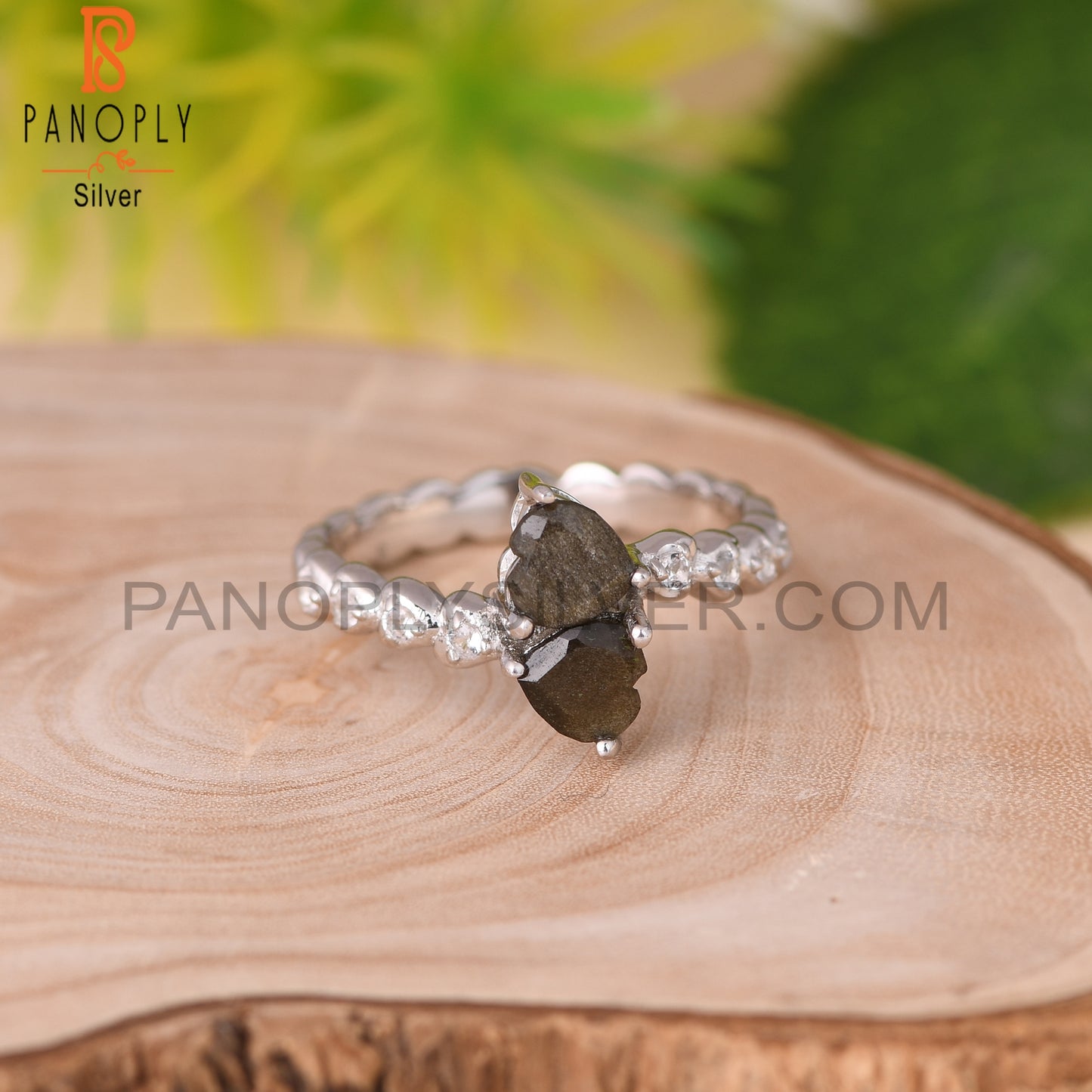 Gold Sheen Obsidian, White Topaz 925 Sterling Silver Ring