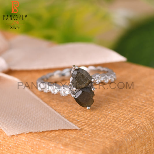 Gold Sheen Obsidian, White Topaz 925 Sterling Silver Ring