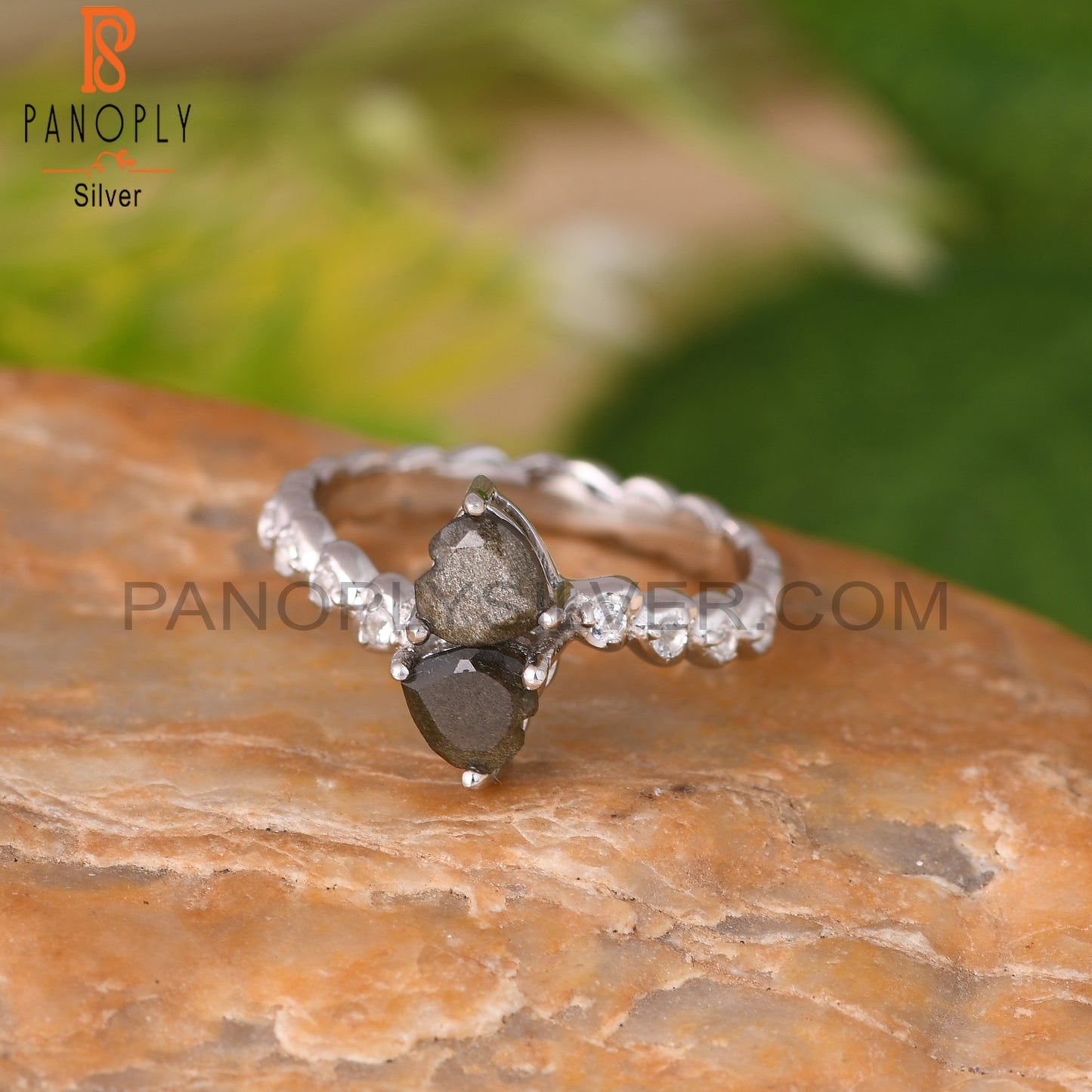 Gold Sheen Obsidian, White Topaz 925 Sterling Silver Ring