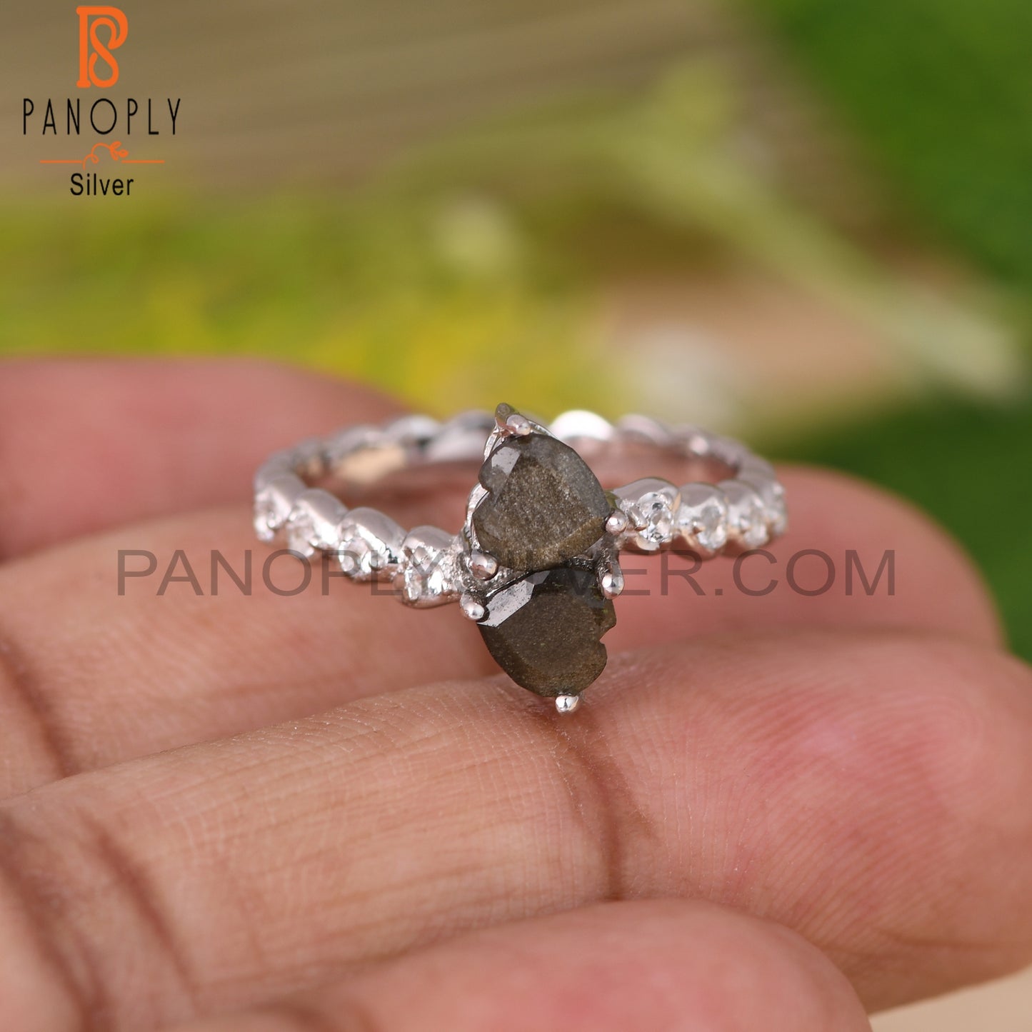 Gold Sheen Obsidian, White Topaz 925 Sterling Silver Ring