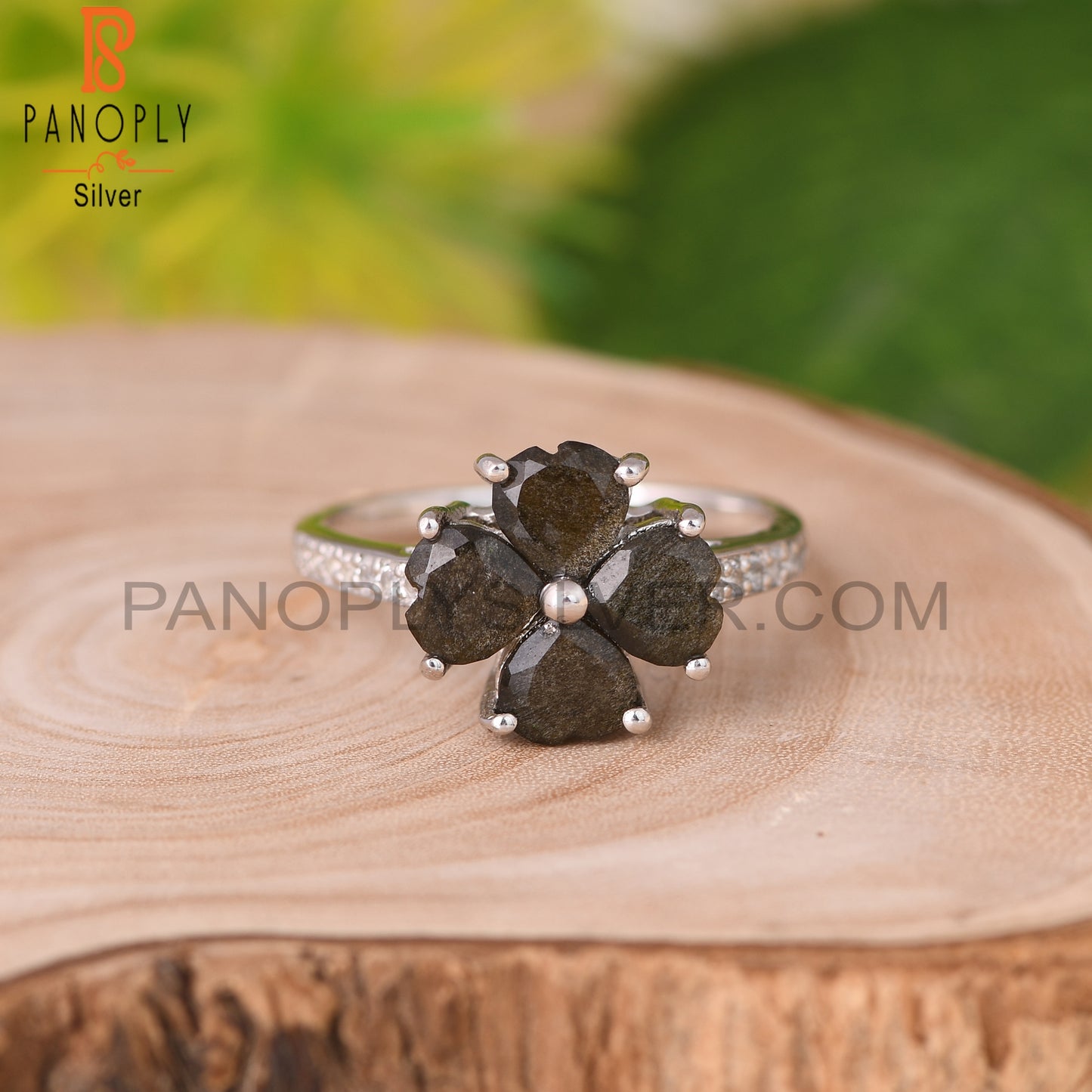 Green Sheen Obsidian, White Topaz Heart 925 Flower Ring